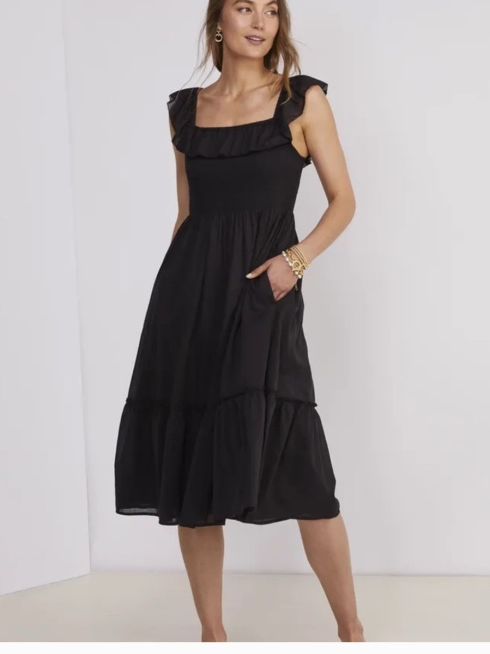 Vineyard Vines Black Ruffle Square-Neck Midi Dress with Pockets